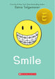 Book cover of 'Smile' by Raina Telgemeier with a smiley face on a teal background